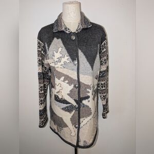 Vintage Neutral Grey/Brown Patterned "Reindeer" Wool Blend Cardigan